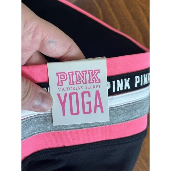 Victoria Secret Pink Yoga Flat Crop Legging Pink/Black NWT Size M Logo Stretch - Picture 4 of 6